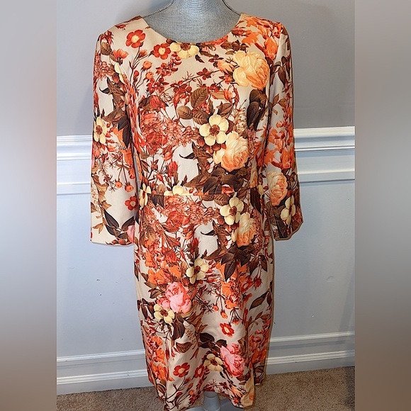 Talbots Floral Print Dress in Orange and Beige Size 12 - Picture 1 of 4